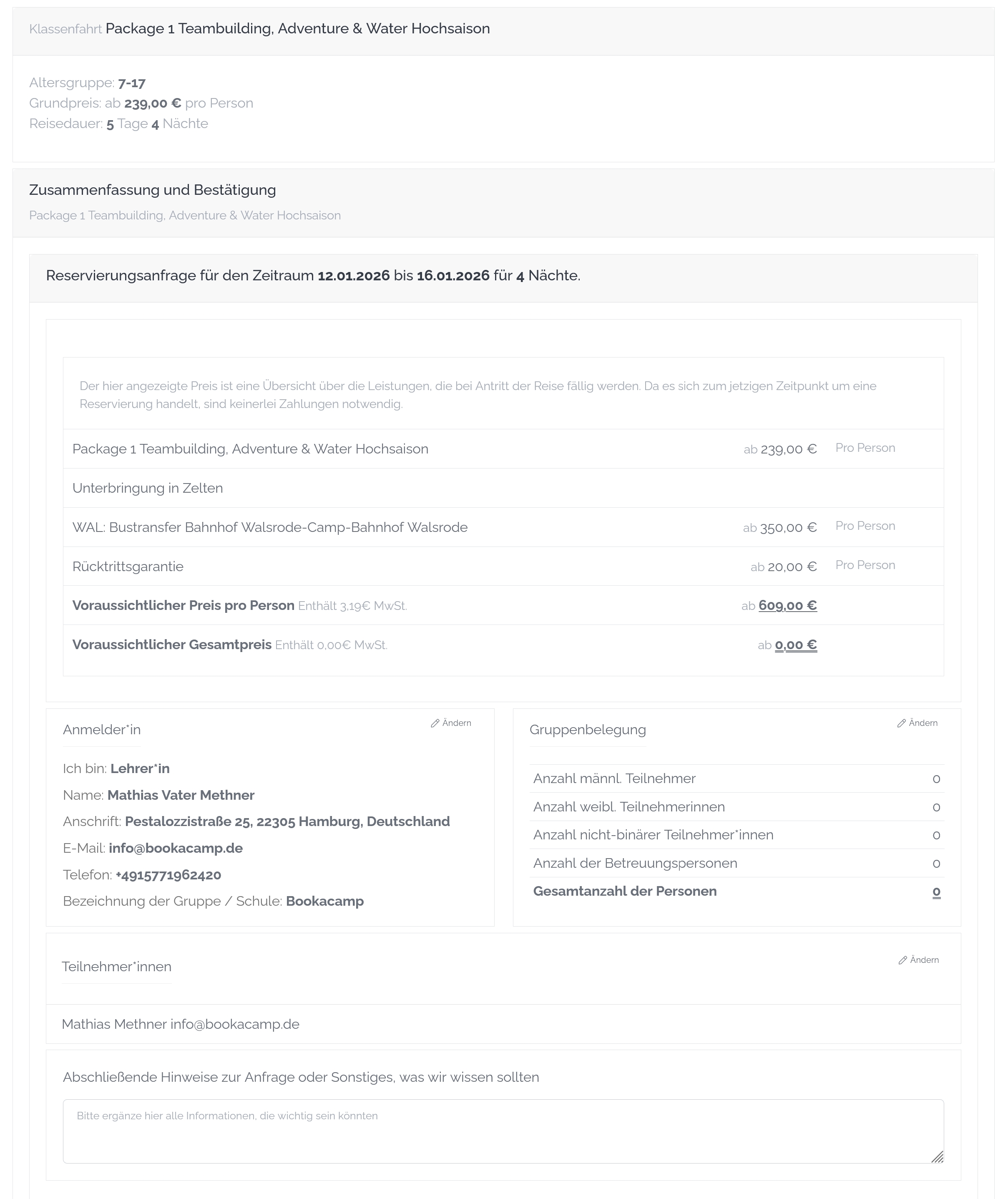 Screenshot groepsboekingsoverzicht